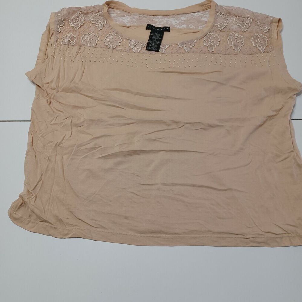 Grace Elements Womens XXL Beaded Top Beige Pima C Short Sleeve Lace Neck Stretch